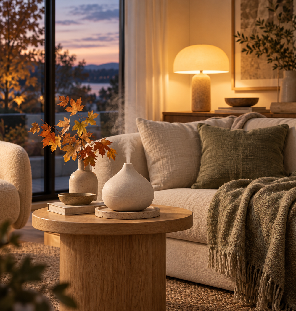 Salon chaleureux au crépuscule avec diffuseur d’ambiance et lampe allumée