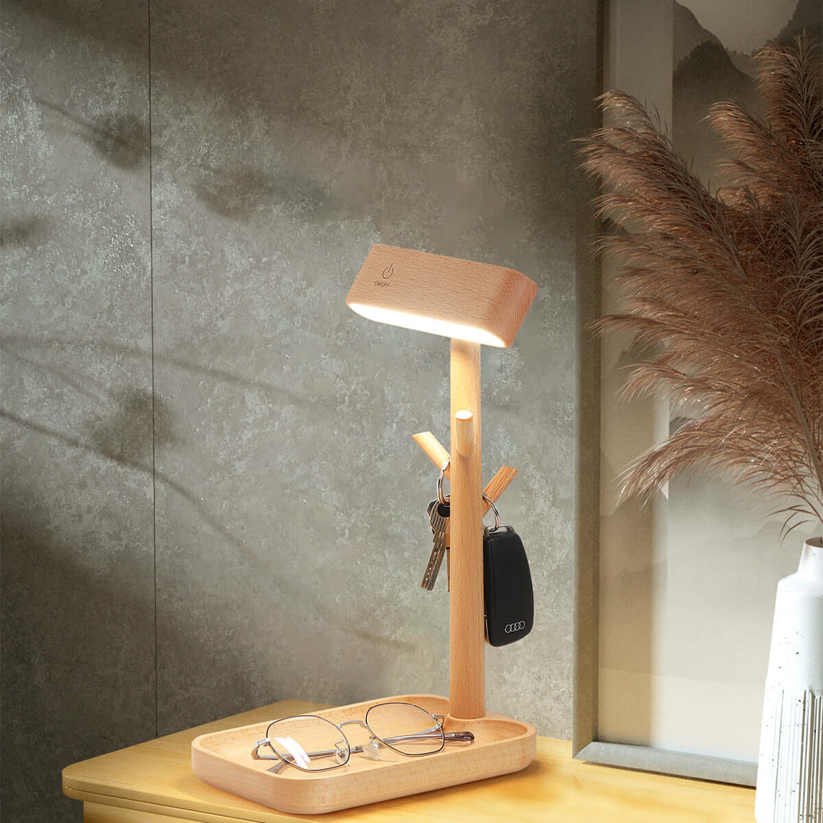 Lampe de table DEL en bois avec rangement intégré